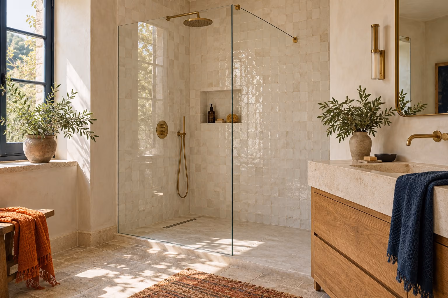 Salle de bain rénovée avec douche à l’italienne et zellige blanc