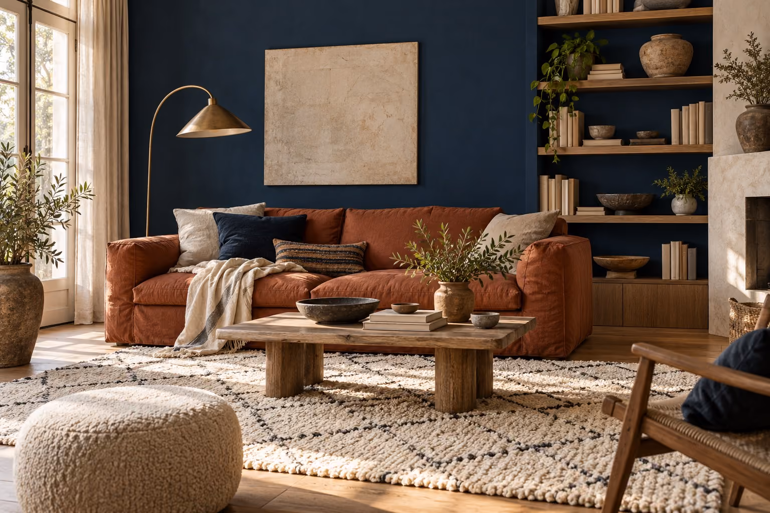 Salon avec canapé terracotta, mur bleu nuit et étagère en chêne