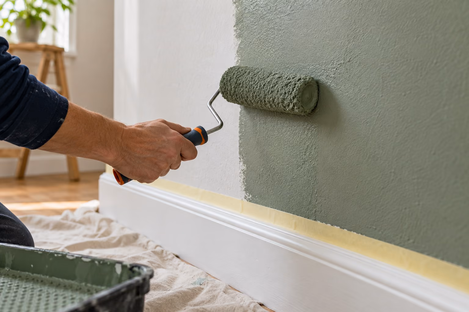 Rouleau appliquant une peinture vert sauge sur un mur avec ruban de masquage
