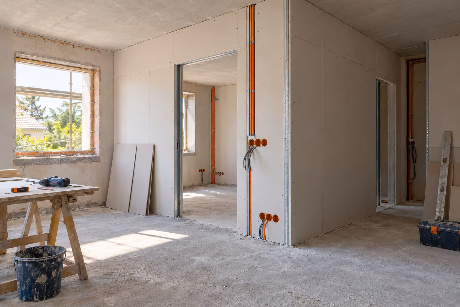 Pièce en rénovation avec cloisons en plaques de plâtre et gaines électriques apparentes