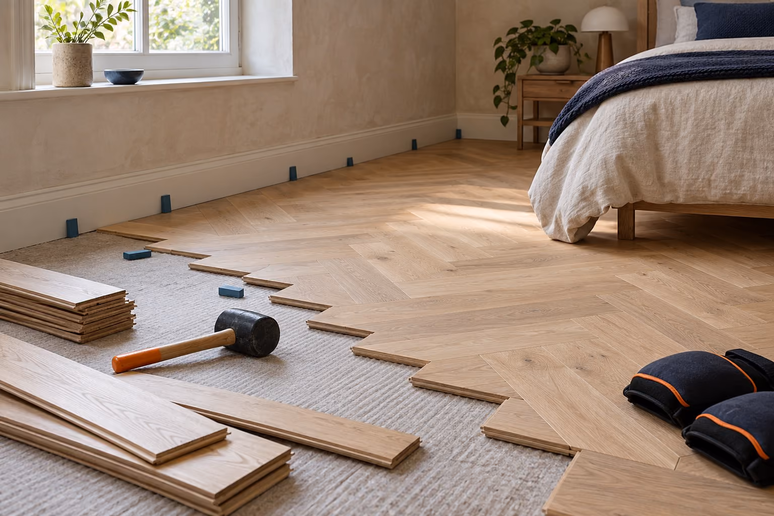 Pose d’un parquet en chêne clair en cours avec sous-couche et maillet