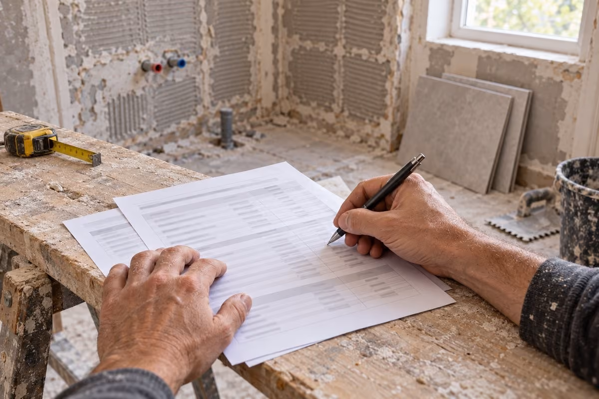 Mains annotant un devis de travaux dans une salle de bains en rénovation