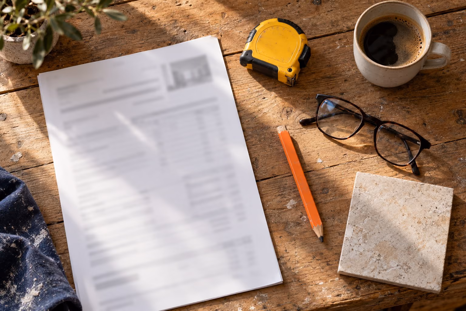 Devis d’artisan posé sur une table de chantier avec un mètre ruban et un crayon