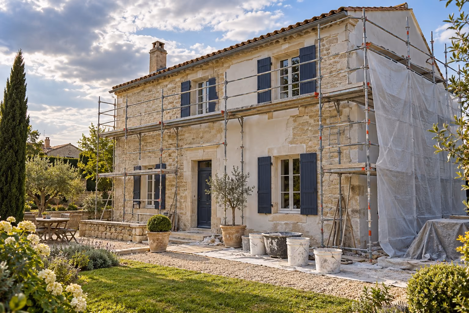 Façade en rénovation avec échafaudage sous un ciel changeant