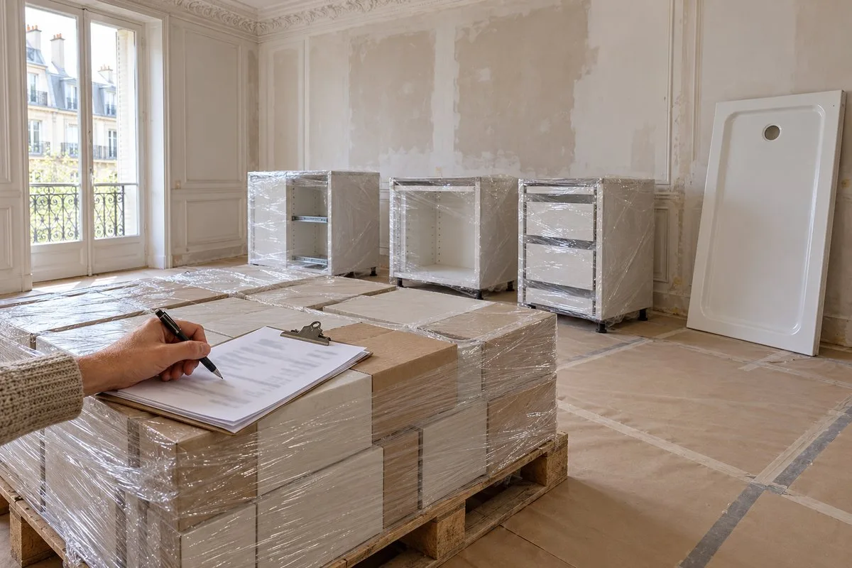 Cartons de carrelage et meubles de cuisine livrés sur un chantier avec bon de livraison