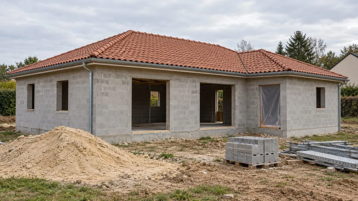 Maison neuve au stade hors d'eau, toiture en tuiles posée, fenêtres non posées