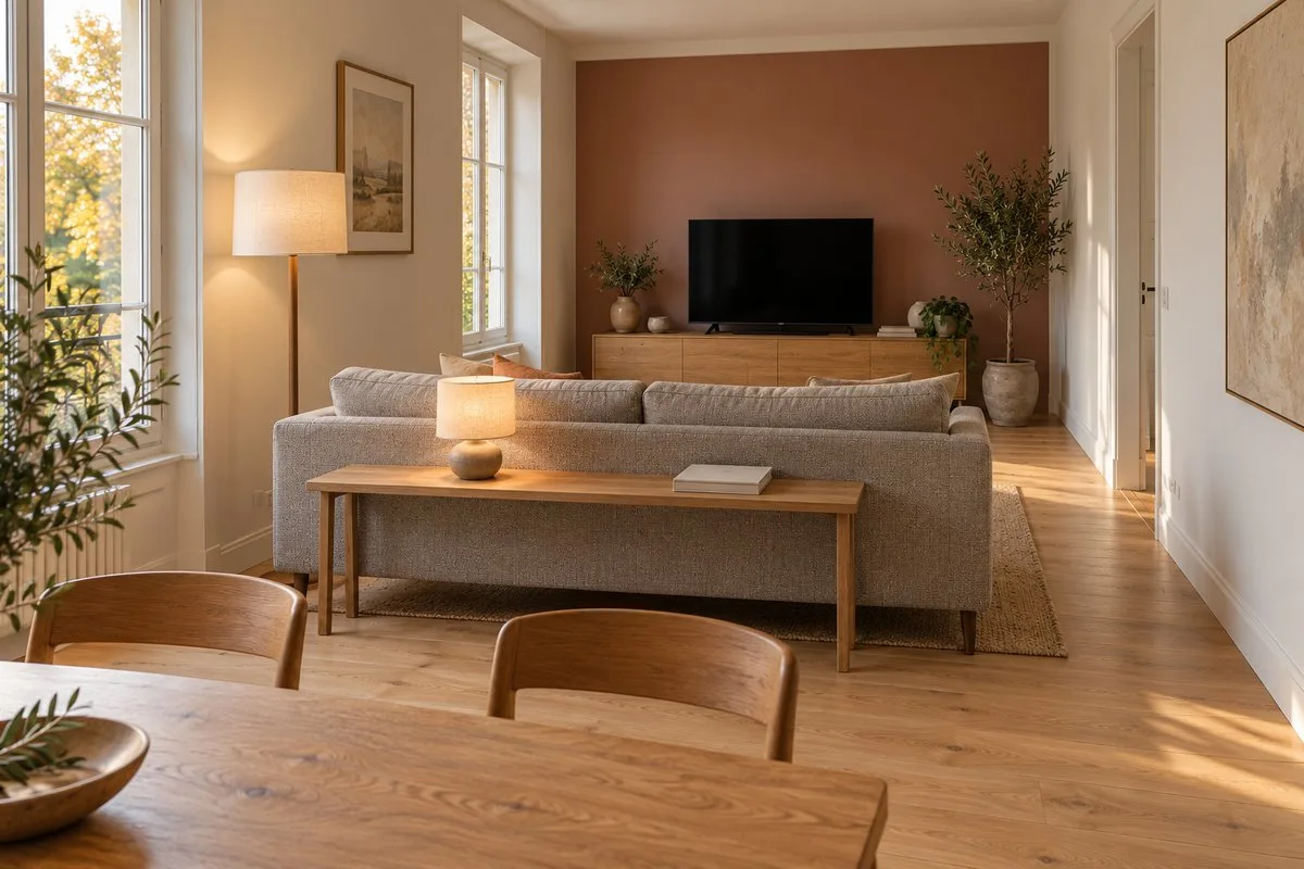 Dos fini d'un canapé décollé du mur avec console basse et lampadaire