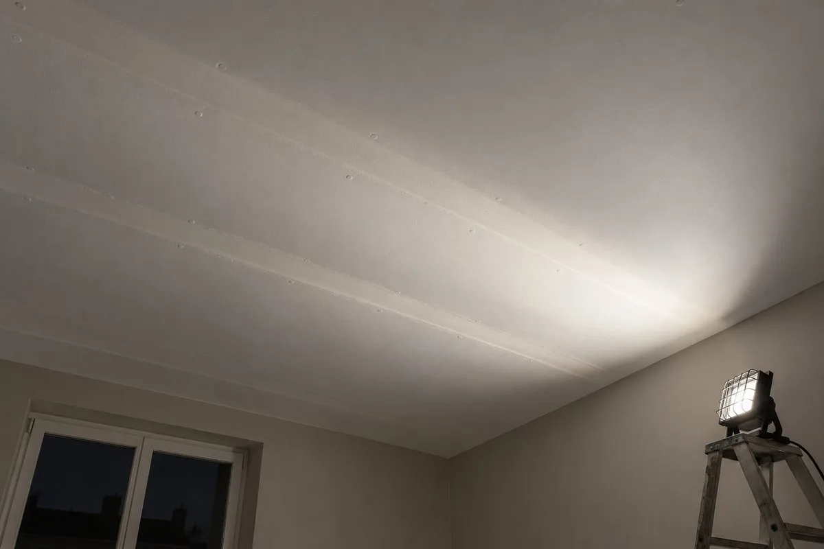 Plafond en placo peint en blanc mat, bandes de joints révélées par une lampe en lumière rasante