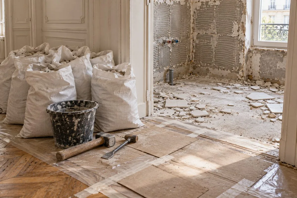 Sacs de gravats et parquet protégé devant une salle de bains en dépose
