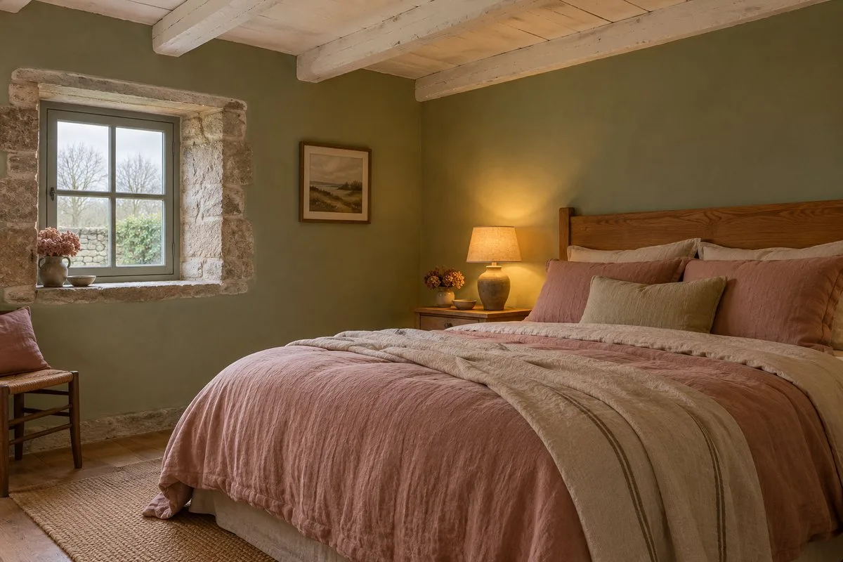 Chambre de longère exposée nord en vert sauge chaud avec linge vieux rose