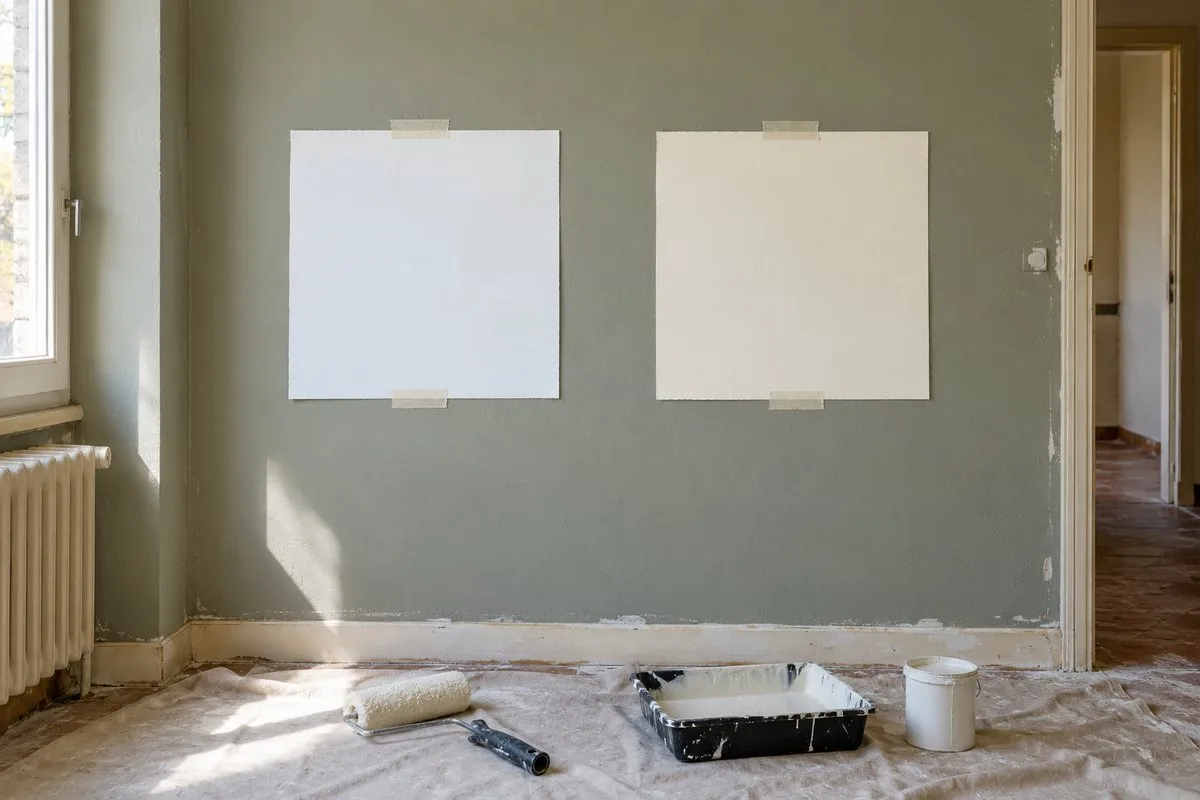 Mur vert sauge avec deux échantillons, blanc pur froid et blanc cassé crème