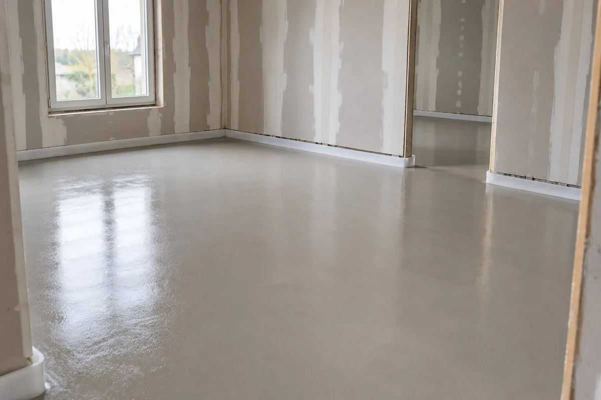 Chape anhydrite fraîchement coulée avec bande périphérique au pied des cloisons en plaques de plâtre
