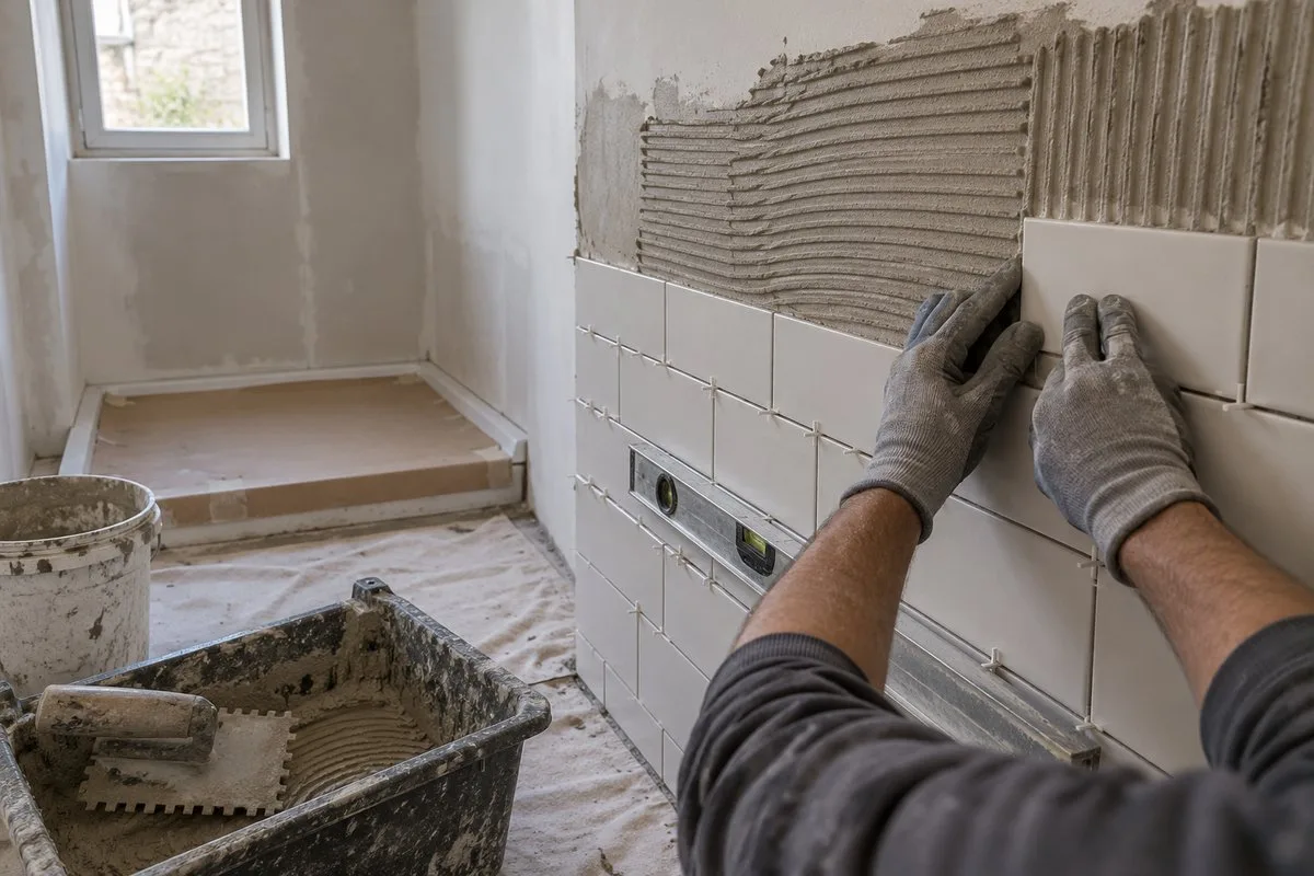 Mains de carreleur posant une faïence blanche sur un mur de salle de bains en sous-couche