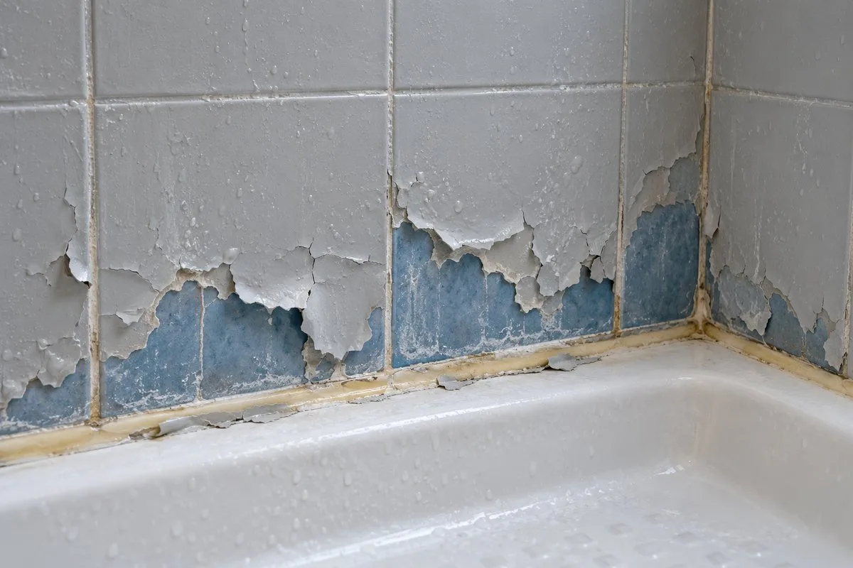 Peinture grise qui s'écaille en bas d'une paroi de douche carrelée près du receveur