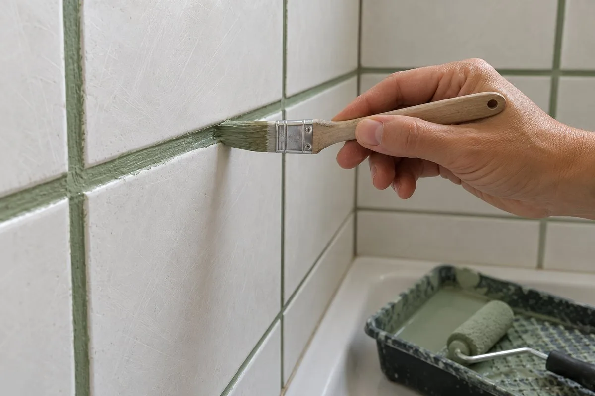 Main peignant les joints d'une paroi de douche au pinceau avant le rouleau