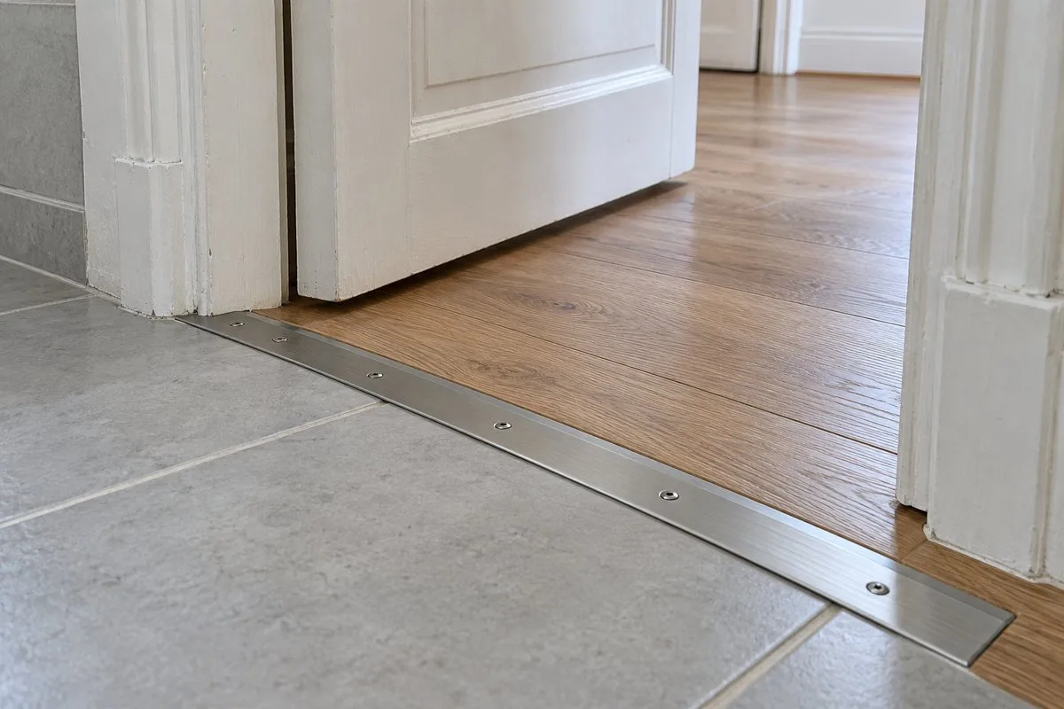 Barre de seuil en aluminium entre carrelage de cuisine et parquet flottant chêne