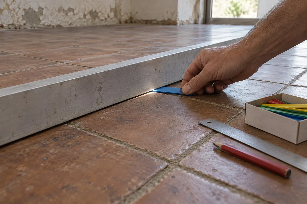 Main glissant une cale sous une règle de maçon posée sur un carrelage