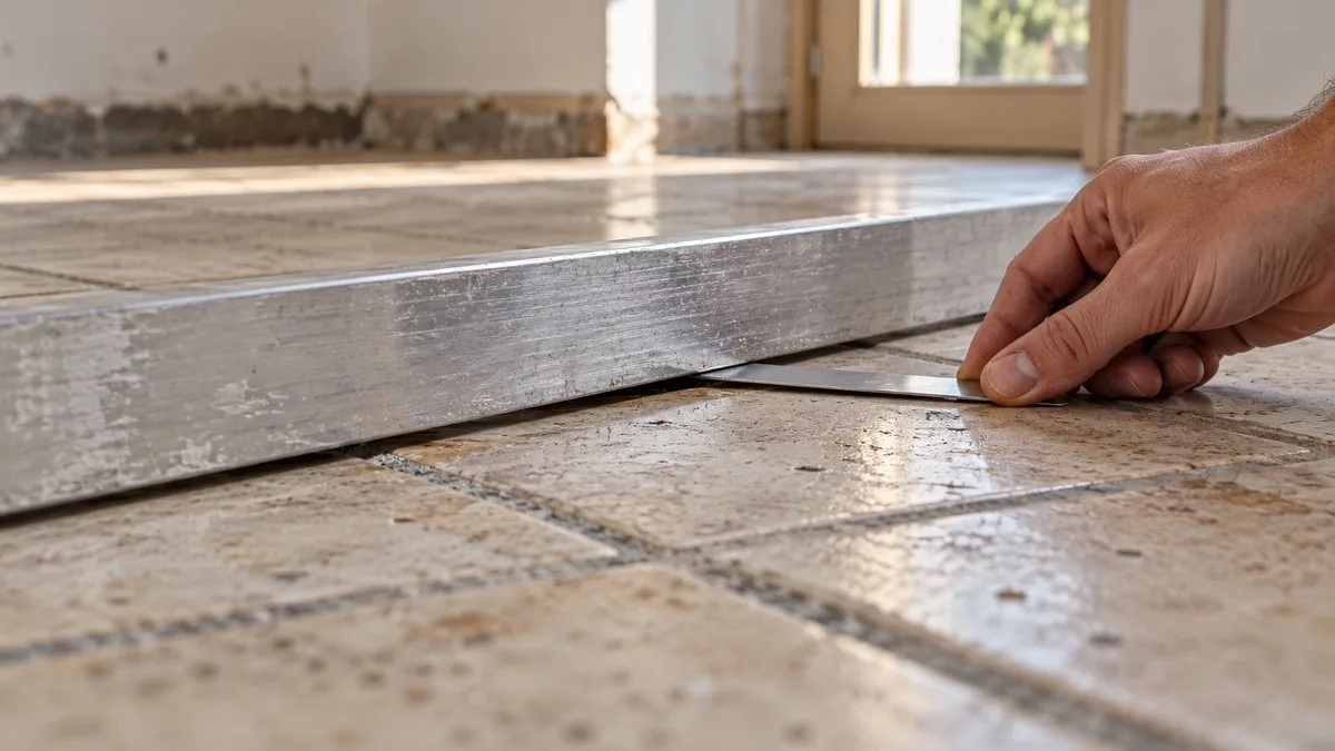 Règle de maçon de 2 m sur un ancien carrelage pour mesurer la planéité