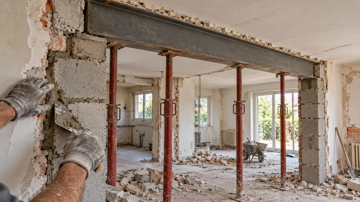Ouverture de mur porteur étayée avec poutre IPN posée entre cuisine et séjour