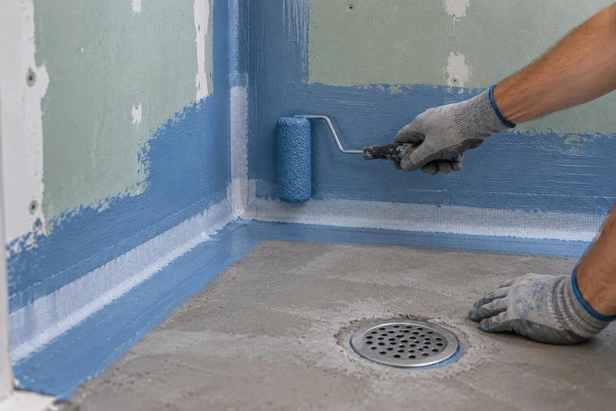 Mains appliquant une résine d'étanchéité SPEC dans l'angle d'une niche de douche