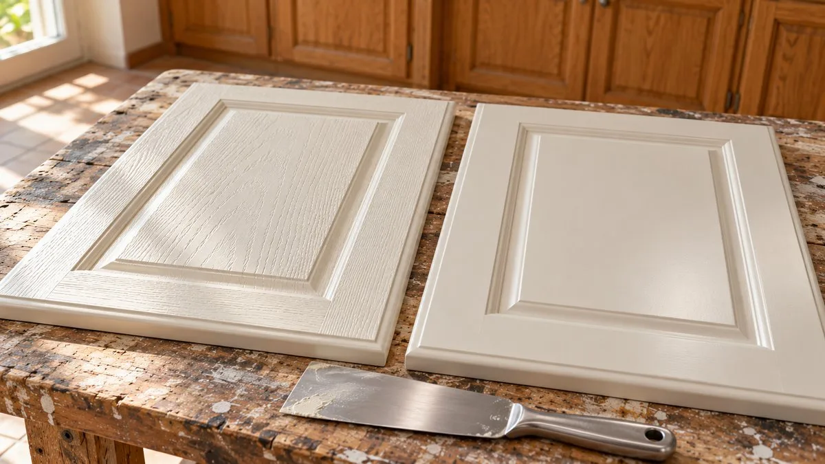 Deux portes en chêne peintes en blanc, veinage visible à gauche, surface lisse à droite